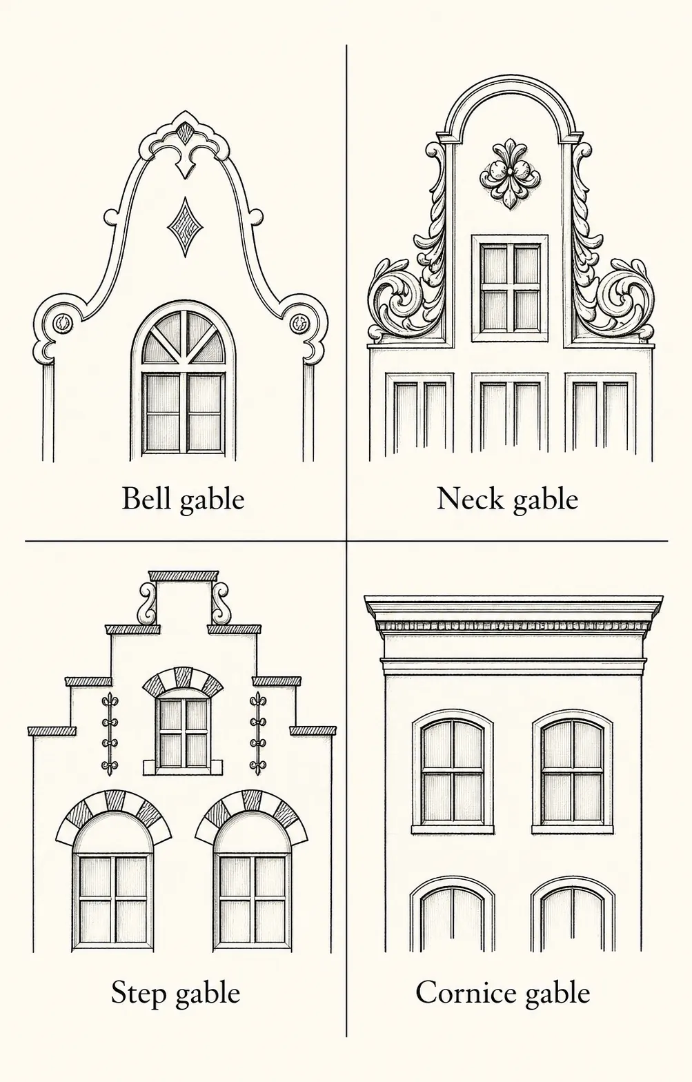 Architectural illustration showing four Dutch gable types: bell gable, neck gable, step gable, and cornice gable