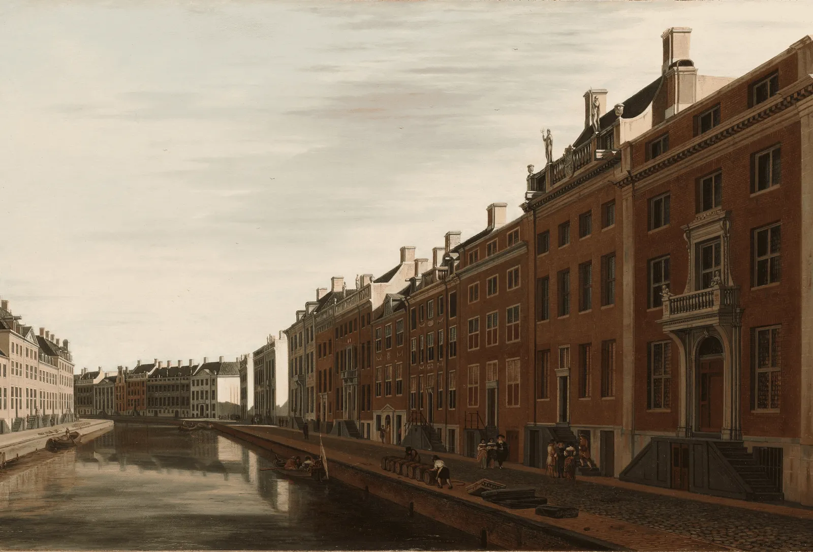 Historical painting of Amsterdam's Golden Bend canal with brick merchant houses and figures on the quayside
