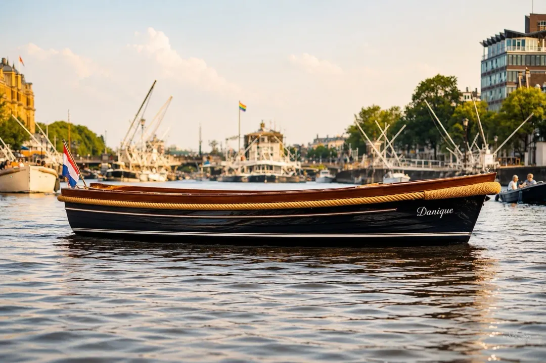 Danique, a wooden boat with a dark hull and a rope fender, on the Amstel in daylight