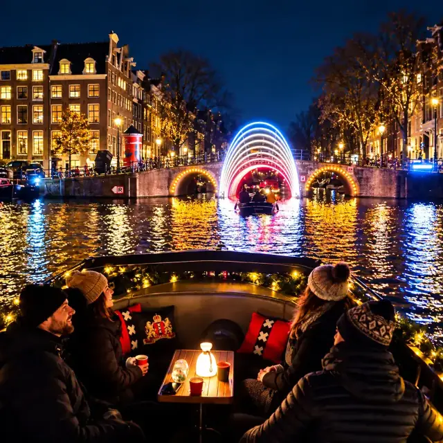 Guests with warm drinks sit on the boat at night, a glowing arch of light ahead under a canal bridge