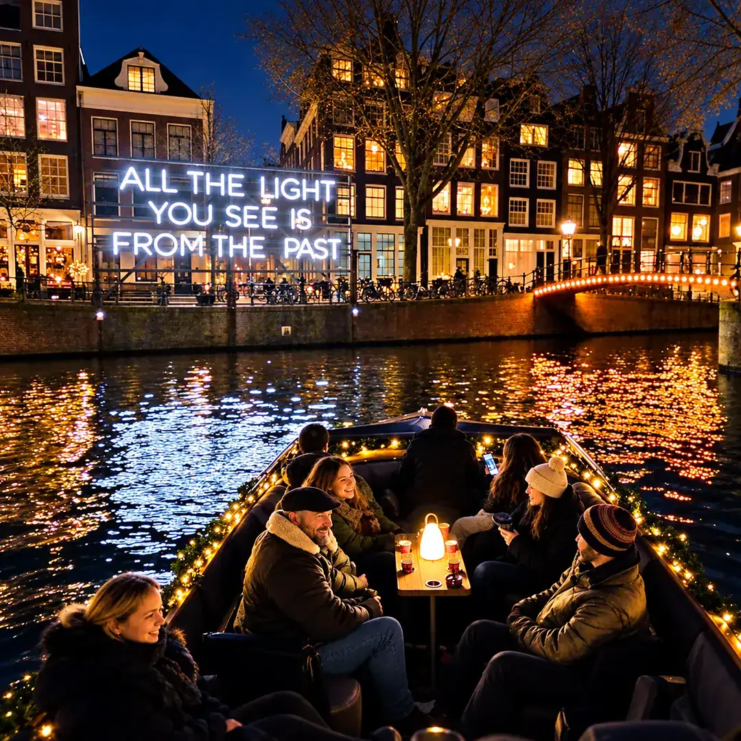 Guests seated on the boat at night, a neon text artwork lit on the canal bank behind